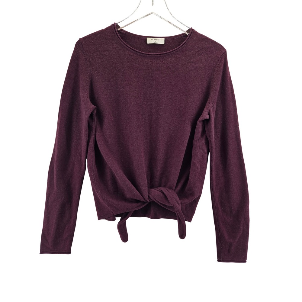 Babaton Aritzia 100% Merino Wool Tie Front Sweater Burgundy Plum Long Sleeve S